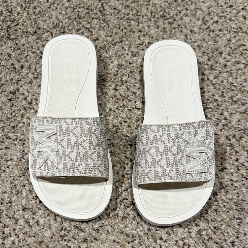 Michael Kors Monogram Slide Sandals in White and Gray